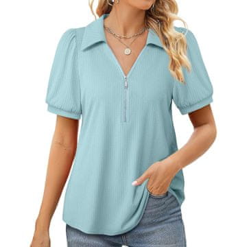 Ženska elegantna bluza modra XL s kratkimi bufastimi rokavi, V-izrezom z zadrgo in A-linijo, 95 % poliester 5 % elastan, elastična prepustna tkanina, odvaja vlago, za pisarno in vsak dan
