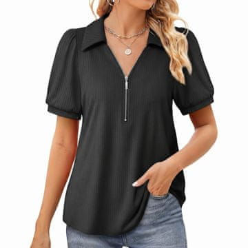 Ženska elegantna bluza tunika A-linija s kratkimi rokavi z balončki črna XXL V-izrez z zadrgo 95 % poliester 5 % elastan prepustna za zrak odvaja vlago elastična za pisarno in vsak dan