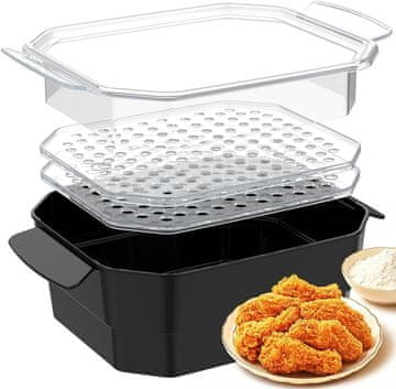 Velika posoda za paniranje XL s pokrovom in sistemom cedenja črna 32,3 x 37,8 x 12,2 cm iz ojačane umetne mase 2 zamenljiva sita ergonomski ročaj za meso, ribe in zelenjavo pomivalni stroj