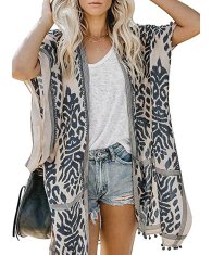 Ženski plažni kimono boho kardigan ogrinjalo oversize, bež-temno modro, odprt sprednji del brez rokavov, okrasni pomponi na robovih, lahek dihajoč neprosojen, za plažo in bazen, ena velikost