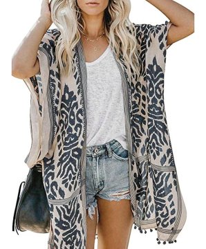 Ženski plažni kimono boho kardigan ogrinjalo oversize, bež-temno modro, odprt sprednji del brez rokavov, okrasni pomponi na robovih, lahek dihajoč neprosojen, za plažo in bazen, ena velikost