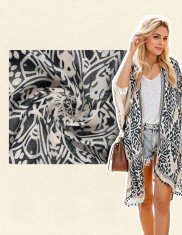 Ženski plažni kimono boho kardigan ogrinjalo oversize, bež-temno modro, odprt sprednji del brez rokavov, okrasni pomponi na robovih, lahek dihajoč neprosojen, za plažo in bazen, ena velikost
