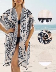 Ženski plažni kimono boho kardigan ogrinjalo oversize, bež-temno modro, odprt sprednji del brez rokavov, okrasni pomponi na robovih, lahek dihajoč neprosojen, za plažo in bazen, ena velikost