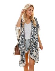 Ženski plažni kimono boho kardigan ogrinjalo oversize, bež-temno modro, odprt sprednji del brez rokavov, okrasni pomponi na robovih, lahek dihajoč neprosojen, za plažo in bazen, ena velikost
