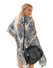 Ženski plažni kimono boho kardigan ogrinjalo oversize, bež-temno modro, odprt sprednji del brez rokavov, okrasni pomponi na robovih, lahek dihajoč neprosojen, za plažo in bazen, ena velikost