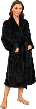 Ženski kopalni plašč iz flisa, plišast, topel in mehek domač plašč za dom, SPA in savno, ananas karirast vzorec, dva žepa, dvojna vezalka, črn, velikost L/XL, idealno darilo