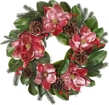 Zeleni božični venec z 5 cvetovi magnolije iz svile, pravimi storži in zelenimi vejicami, premer 61 cm, za vrata, steno ali mizo, notranja in zaščitena zunanja uporaba, osnova iz vinske trte