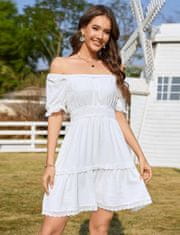 Elegantna Poletna Mini Obleka v Boho Slogu A-line Bela XXL s Kvadratnim Izrezom, Rokavi Puff z Čipko, Pikice Swiss Dots, Elastičen Nabran Pas, Volani in Stranski Žepi za Poletje in Zabave