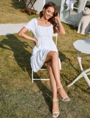 Elegantna Poletna Mini Obleka v Boho Slogu A-line Bela XXL s Kvadratnim Izrezom, Rokavi Puff z Čipko, Pikice Swiss Dots, Elastičen Nabran Pas, Volani in Stranski Žepi za Poletje in Zabave