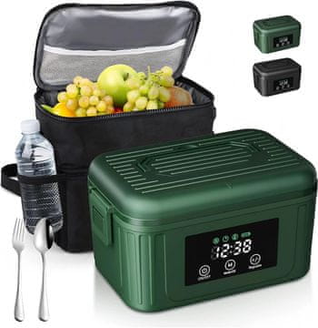 Prenosni električni lunch box Malica na baterijo zelena 1,4 L, nerjaveče jeklo 304, baterija 18000 mAh, do 70 min segrevanja, USB-C polnjenje, časovni programator, izolirana torba, hladilni vložek