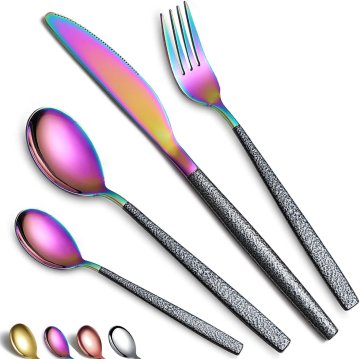 Set pribora Rainbow 24 delov iz nerjavnega jekla za 6 oseb s titanovo prevleko in črnimi ročaji Mars, 6 vilic, 6 žlic, 6 nožev, 6 žličk, odporen proti rjavenju, za pomivalni stroj