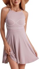 Ženska letna mini obleka z vgrajenim nedrčkom Halterneck A-line brez rokavov Elegantna Udobna Zračna Lahka Roza S za vsakdanje in priložnostno nošenje pomlad poletje