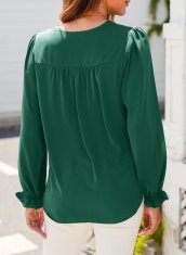 Ženska elegantna bluza tunika z V-izrezom in bufastimi dolgimi rokavi, mehka svilnata tkanina, ohlapen kroj, za casual, poslovno in priložnostno nošenje, zelena, velikost S