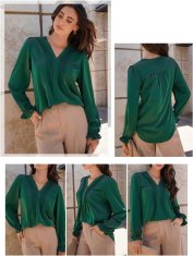 Ženska elegantna bluza tunika z V-izrezom in bufastimi dolgimi rokavi, mehka svilnata tkanina, ohlapen kroj, za casual, poslovno in priložnostno nošenje, zelena, velikost S