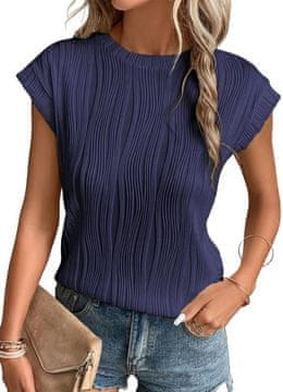 Ženska casual bluza s kratkimi rokavi cap sleeve z okroglim dekolteom in valovito teksturo, elegantna in prozračna, brezčasen minimalistični dizajn za vsakodnevno nošnjo, temno modra, velikost XL