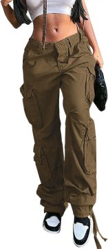 Ženske široke cargo hlače wide leg Baggy Y2K z visokim pasom, večžepne, prezračna tkanina z elastanom, rjave, velikost 2XL, za streetwear, casual, sprehode in mesto