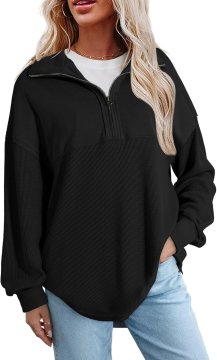 Ženski oversize pulover z zadrgo half zip, vaflasti splet, visoki ovratnik, raglan rokav, mehak, 75% poliester 25% bombaž, črn, velikost L, pranje pri nizkih temperaturah, za jesen in vsak dan