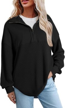 Ženska vaflasta oversize bluza s pol-zadrgo (half-zip) in stoječim ovratnikom, raglan rokav, 75% poliester 25% bombaž, sproščen kroj, za jesen, jogo in sprehod, črna, velikost S