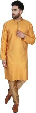 Moški komplet Kurta Pyjama 2-delni iz žakardne svile zlata barva ročno vezenje stoječi ovratnik gumbi na gubici velikost S prsni obseg 102 cm za poroke in slavnostne dogodke