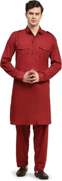 Moški komplet Kurta Pyjama iz 100% bombaža tipa handloom, dvodelni komplet v slogu Pathani z dolgo srajco in pižama hlačami, lahek in prezračen, 4 žepi, vezalka v pasu, rdeč, velikost S