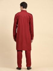 Moški komplet Kurta Pyjama iz 100% bombaža tipa handloom, dvodelni komplet v slogu Pathani z dolgo srajco in pižama hlačami, lahek in prezračen, 4 žepi, vezalka v pasu, rdeč, velikost S