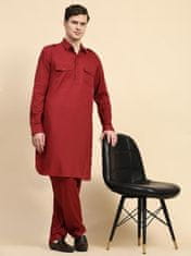 Moški komplet Kurta Pyjama iz 100% bombaža tipa handloom, dvodelni komplet v slogu Pathani z dolgo srajco in pižama hlačami, lahek in prezračen, 4 žepi, vezalka v pasu, rdeč, velikost S