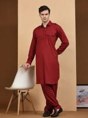 Moški komplet Kurta Pyjama iz 100% bombaža tipa handloom, dvodelni komplet v slogu Pathani z dolgo srajco in pižama hlačami, lahek in prezračen, 4 žepi, vezalka v pasu, rdeč, velikost S