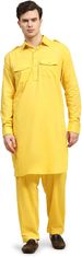 Moški komplet Kurta Pyjama Pathani iz 100% bombaža tipa handloom, 2 kom (kurta in hlače), lahek in prezračen, hlače z vezalko, 4 žepi, zlata barva, velikost L (42)