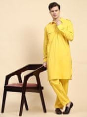 Moški komplet Kurta Pyjama Pathani iz 100% bombaža tipa handloom, 2 kom (kurta in hlače), lahek in prezračen, hlače z vezalko, 4 žepi, zlata barva, velikost L (42)