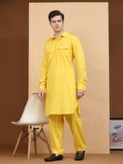 Moški komplet Kurta Pyjama Pathani iz 100% bombaža tipa handloom, 2 kom (kurta in hlače), lahek in prezračen, hlače z vezalko, 4 žepi, zlata barva, velikost L (42)