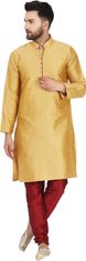Moški komplet Kurta Pižama 2 kom zlata etno elegantna obleka iz umetne svile mandarin ovratnik dolgi rokav ročna izdelava regular fit velikost S za poroke slovesnosti darilo