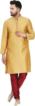 Moški komplet Kurta Pižama 2 kom zlata etno elegantna obleka iz umetne svile mandarin ovratnik dolgi rokav ročna izdelava regular fit velikost S za poroke slovesnosti darilo
