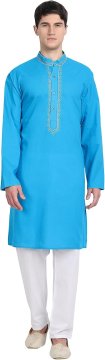 Bombažna moška pižama Kurta komplet 2 kom s vezenjem, dolga srajca in hlače z vezalko, 100% bombaž, mandarin ovratnik, dolgi rokavi, dva stranska žepa, turkizna, velikost S