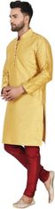 Moški komplet Kurta Pižama 2 kom zlata etno elegantna obleka iz umetne svile mandarin ovratnik dolgi rokav ročna izdelava regular fit velikost S za poroke slovesnosti darilo