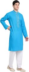 Bombažna moška pižama Kurta komplet 2 kom s vezenjem, dolga srajca in hlače z vezalko, 100% bombaž, mandarin ovratnik, dolgi rokavi, dva stranska žepa, turkizna, velikost S