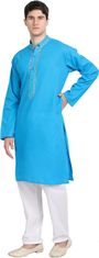 Bombažna moška pižama Kurta komplet 2 kom s vezenjem, dolga srajca in hlače z vezalko, 100% bombaž, mandarin ovratnik, dolgi rokavi, dva stranska žepa, turkizna, velikost S