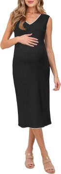 Elegantna nosečniška obleka midi bodycon črna velikost S brez rokavov V-izrez mehka pletenina s kitastim vzorcem elastična prilegajoča za nosečnice za vsakodnevno nošenje in slovesnosti