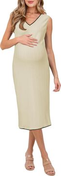 Nosečniška obleka za dojenje midi bodycon elegantna poletna brez rokavov z V-izrezom iz elastičnega pletiva cable knit bež velikost M pomlad/poletje 2025 za nosečnice
