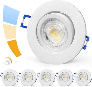 Vgradna LED svetilka s sencami zatemnljiva ultra ploska 230 V 5 W nastavljiva barvna temperatura 3000K 4000K 6500K IP44 CRI >90 aluminij nagib 45° globina 29 mm komplet 6 kosov bela