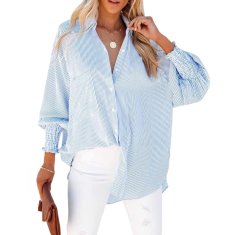Ženska srajca oversize modra v črtah casual elegantna button-down z gumbno letvijo, žepom na prsih in elastičnimi manšetami dolgih rokavov, ohlapen kroj za vsak dan, velikost M, za vse leto