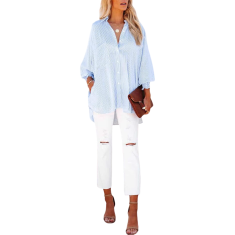 Ženska srajca oversize modra v črtah casual elegantna button-down z gumbno letvijo, žepom na prsih in elastičnimi manšetami dolgih rokavov, ohlapen kroj za vsak dan, velikost M, za vse leto