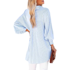 Ženska srajca oversize modra v črtah casual elegantna button-down z gumbno letvijo, žepom na prsih in elastičnimi manšetami dolgih rokavov, ohlapen kroj za vsak dan, velikost M, za vse leto