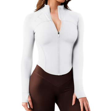 Ženska športna majica crop top za tek, vadbo in jogo z polno zadrgo od vratu do pasu, elastična, 4-smerno raztegljiva, slim fit, 78% poliester 22% elastan, bela XL