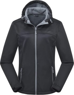 Ženska softshell jakna za šport vodoodporna dihajoča s flis podlogo črna XXL s kapuco, 4 žepi, za pohodništvo, kolesarjenje in vsakdanje sprehode, 95% poliester, 5% elastan
