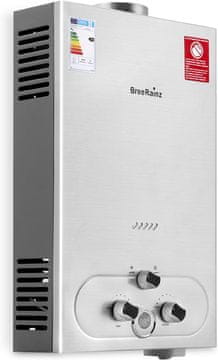 Plinski pretočni grelnik vode 20 L 40 kW LPG za utekočinjeni plin, srebrn, tih 30 dB, digitalni LED zaslon, delovanje pri tlaku od 0,1 bar, topla voda v 3 s, časovni izklop 20 min