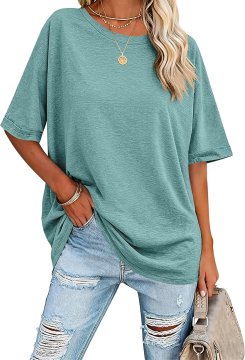 Ženska majica Oversize T-shirt Ohlapna Udobna Basic Turkizna L – kratki rokavi z zavihkom, okrogel izrez Crew Neck, mehak material 60% poliester 35% viskoza 5% spandex, elastična, za vsak dan