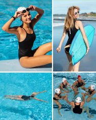 Ženski športni enodelni kopalni kostum Push-Up z odstranljivimi oblikovalnimi vložki, racerback kroj za bazen in aqua aerobiko, 82% poliamid 18% elastan, hitro sušeč, črn, velikost M