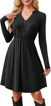 Ženska midi obleka razširjenega kroja A-line z dolgimi rokavi, elegantna črna, velikost L, izrez Notch V-Neck, okrasni gumbi, dva stranska žepa, 92% viskoza 8% elastan, mehka zračna za jesen