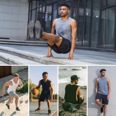 Moška majica brez rokavov tank top komplet 2 kosa za trening črna siva velikost S, 92% poliester 8% elastan, hitro sušeča žakardna mrežasta tkanina, muscle fit kroj, stranski zarezi