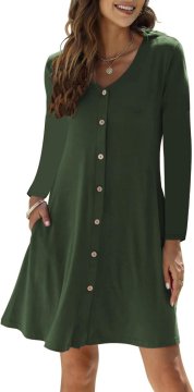 Zelena ženska midi obleka V-neck casual ohlapen A-line kroj z žepi in gumbi, do kolen, 95 % bombaž 5 % elastan, mehka lahka elastična, za prehodno obdobje, velikost S